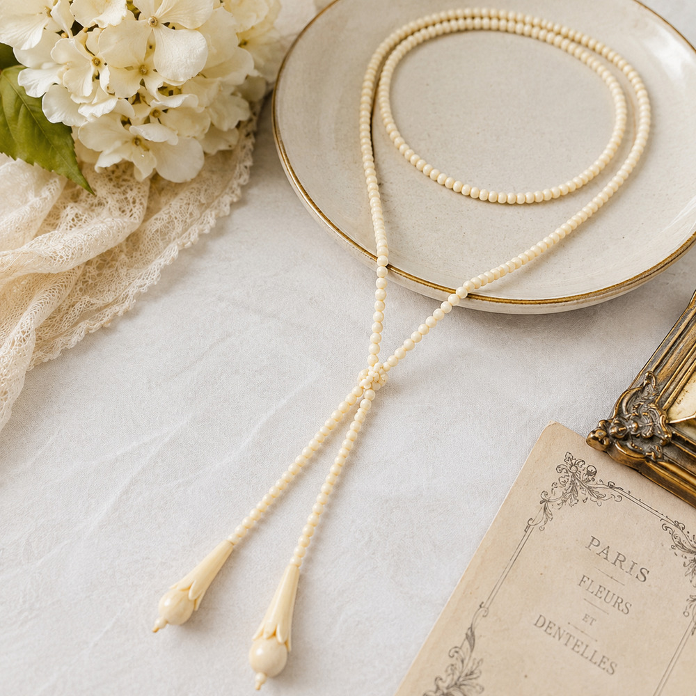 Vintage Beaded Lariat Sautoir Necklace with Carved Drop Ends Hollywood Art Deco